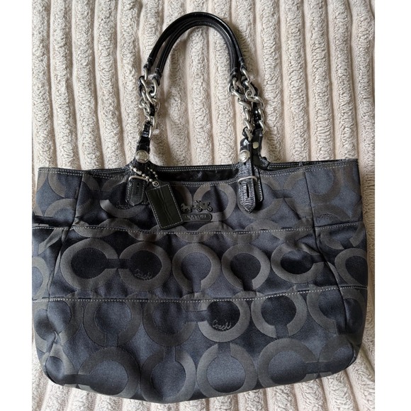 Coach Handbags - Coach Madison Op Art Black Satin Large Tote Bag Patent Trim 14133